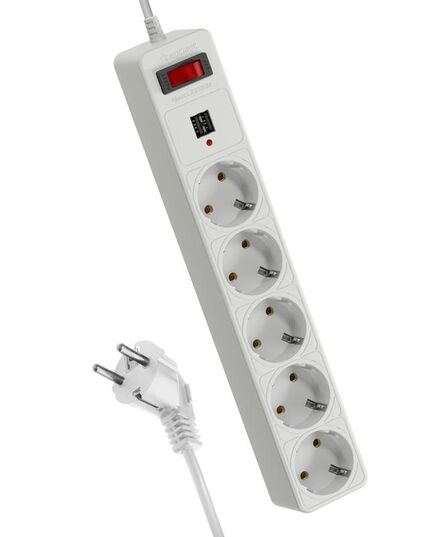 Удлинитель с сетевым фильтром 5х1.8м с заземл. 10А IP20 2.2кВт 2хUSB 3х0.75 с предохранителем КОСМОС FKsm1.8m-5g(W)USB