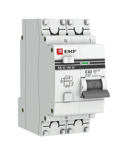 Дифавтомат 1п+N C 63А 30мА тип AC 4.5кА АД-32 PROxima  АВДТ EKF DA32-63-30-pro