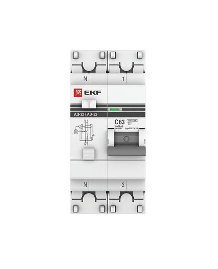 Дифавтомат 1п+N C 63А 30мА тип AC 4.5кА АД-32 PROxima  АВДТ EKF DA32-63-30-pro, изображение 3